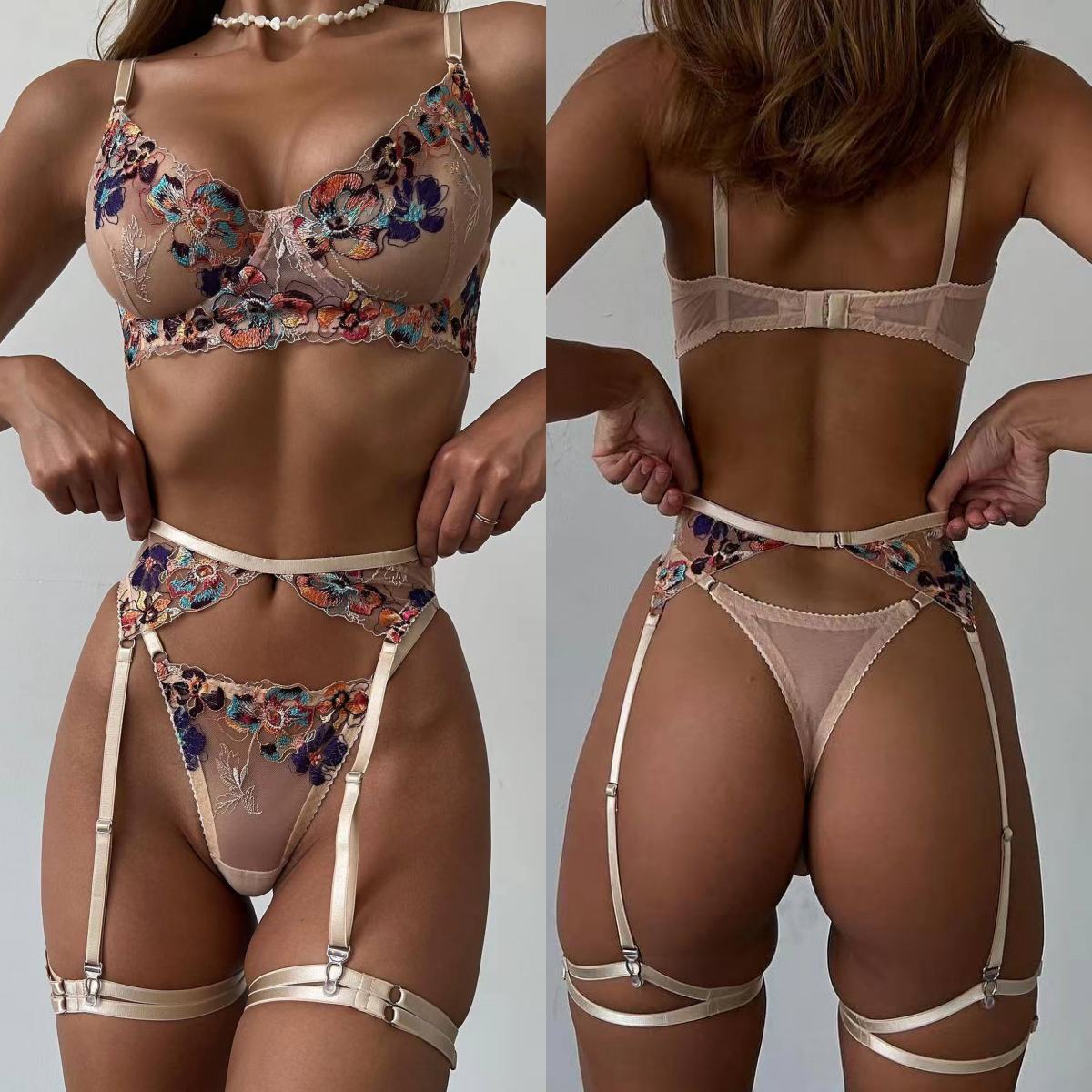 Luxury Skincare Gift Set - Krasapt Luxury Embroidery See-through Lingerie 4Pcs
