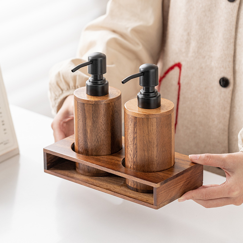 Luxury Skincare Bottles - Walnut wood press-type portioning empty bottles.